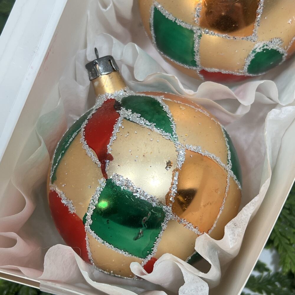 Vintage Christmas Ornaments Mercury Glass Harlequin Pattern 3.25” Set of 2 Ball - Picture 2 of 16